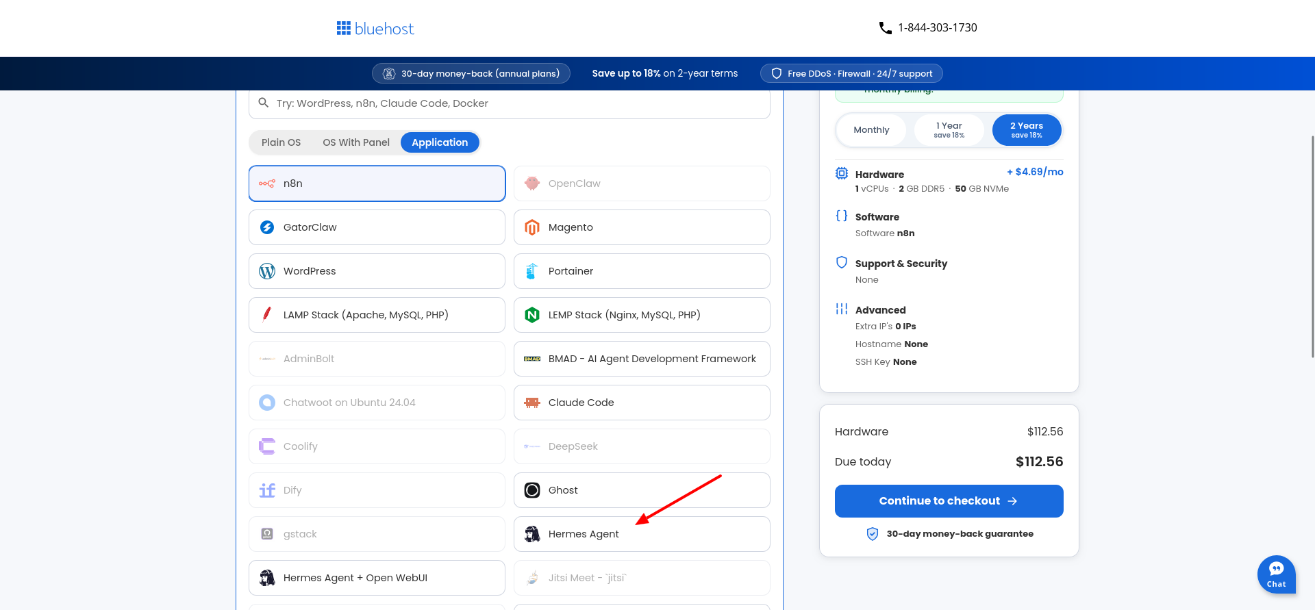 Bluehost software selection grid showing Hermes Agent application