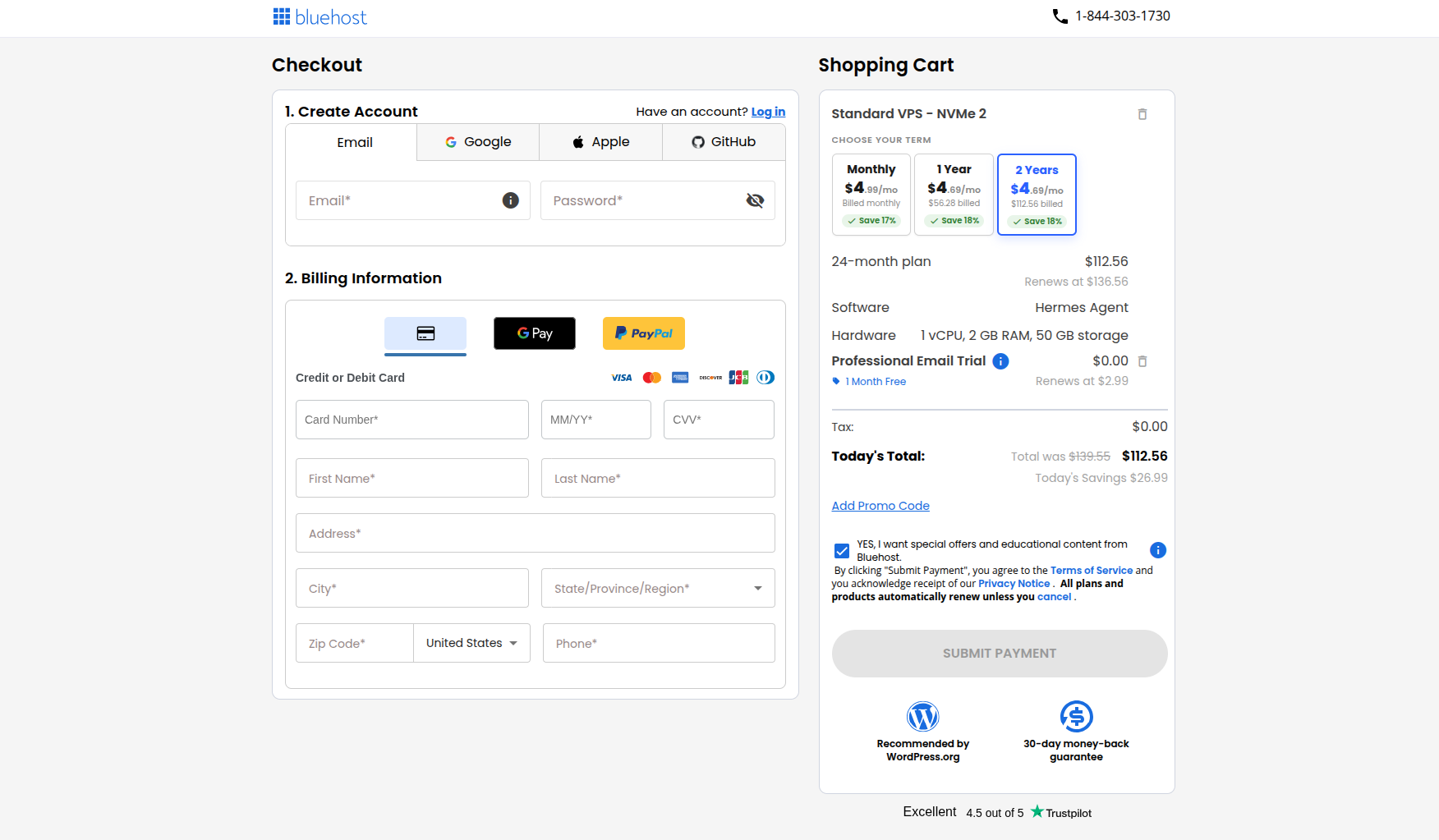 Bluehost Hermes Agent VPS account creation and billing checkout