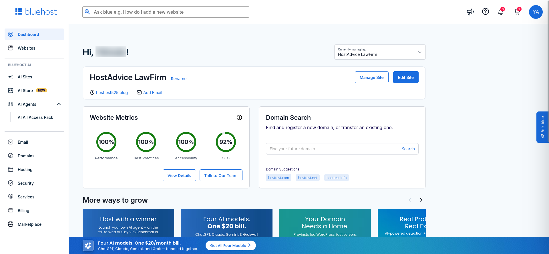Bluehost Account Manager dashboard after Hermes Agent VPS purchase