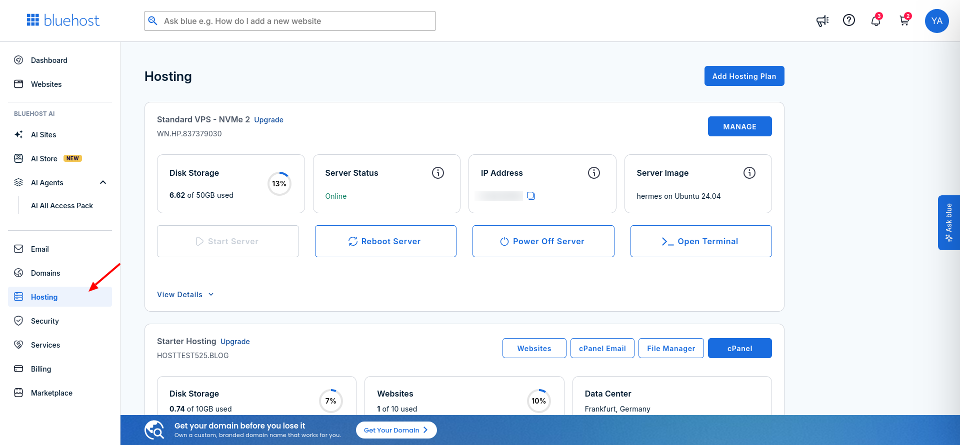 Bluehost Hosting page showing Hermes Agent VPS online