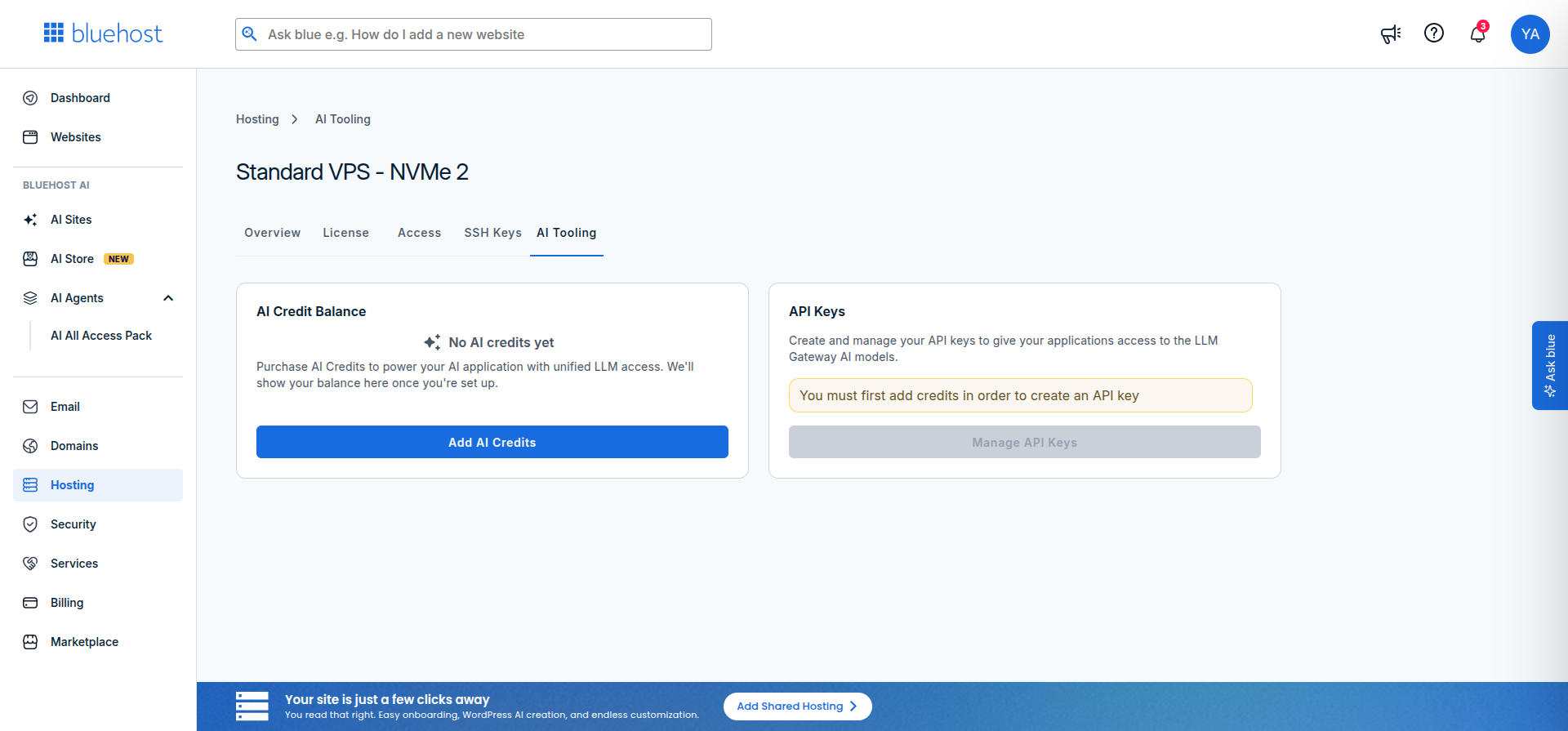 Bluehost Hermes Agent VPS AI Tooling and AI Credit Balance panel