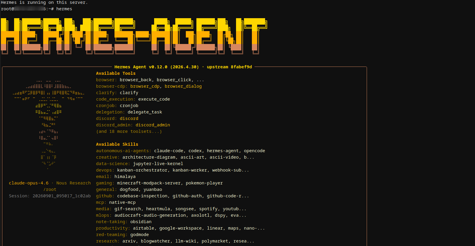 Hermes Agent terminal session running on Bluehost VPS