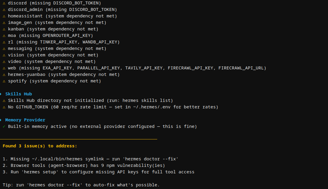 Hermes doctor diagnostic results on Bluehost Hermes Agent VPS