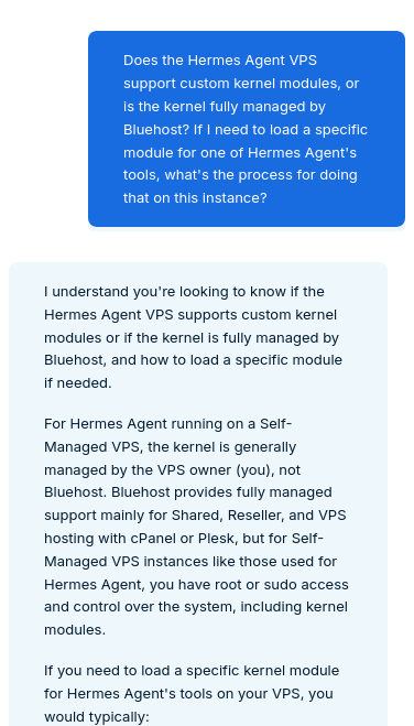 Bluehost AI support answer about custom kernel modules