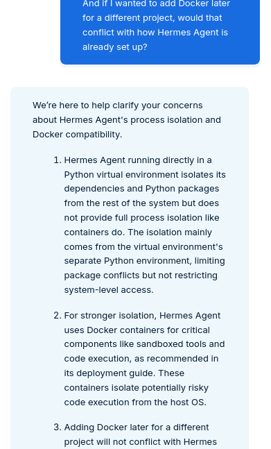 Bluehost AI support answer about Hermes Agent process isolation and Docker
