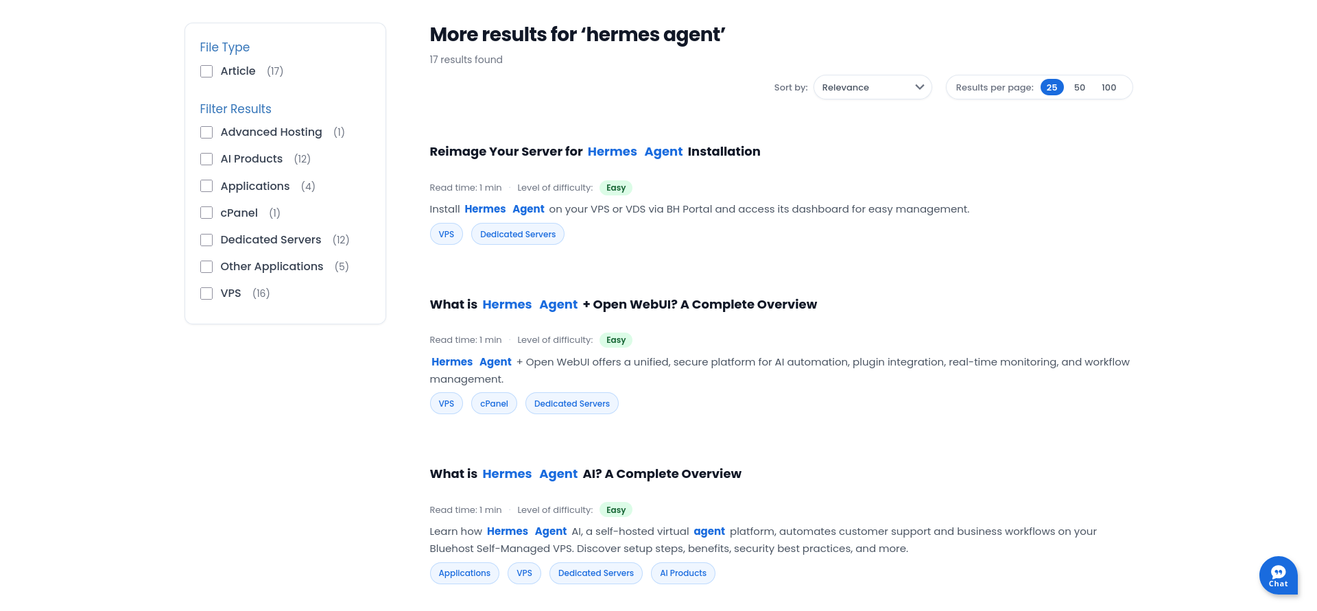 Bluehost Knowledge Base search results for Hermes Agent