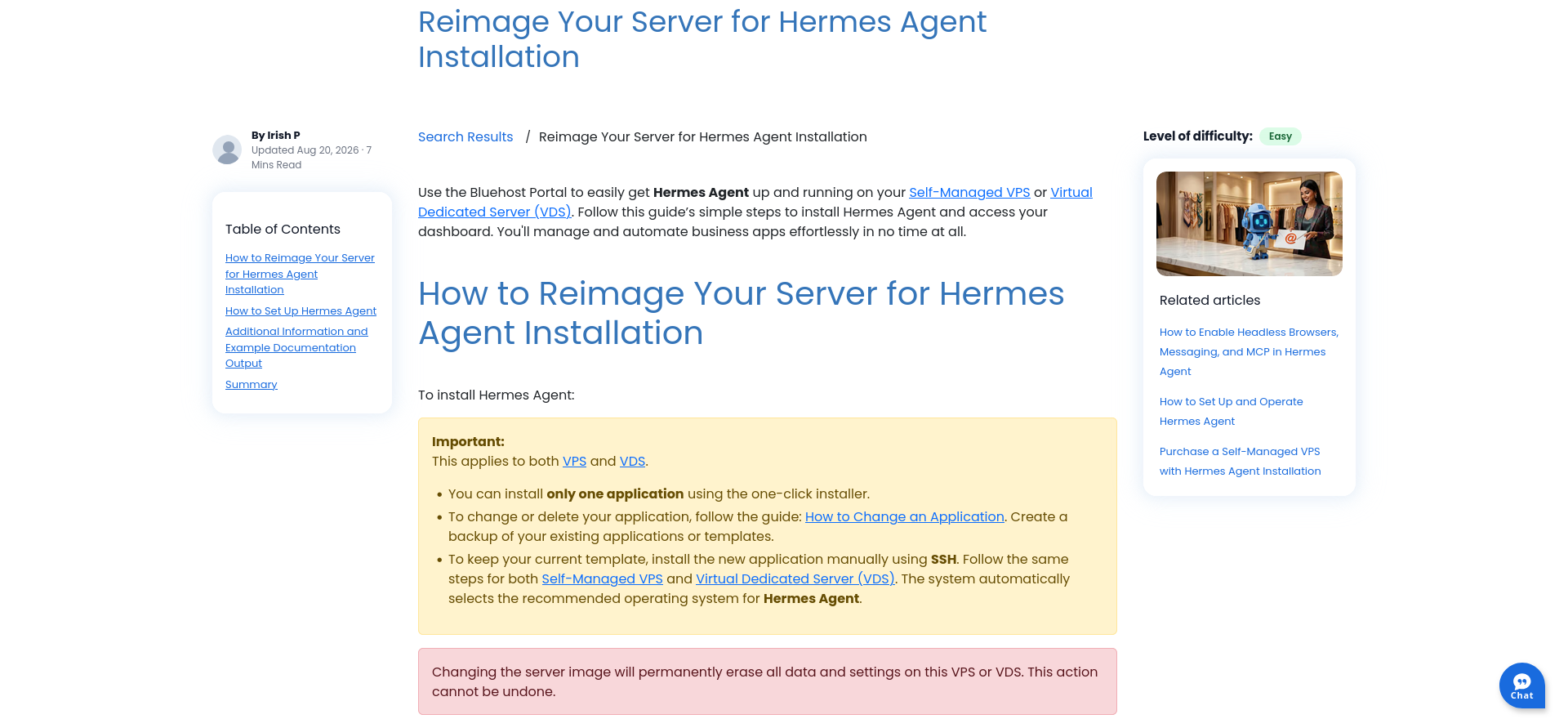 Bluehost Knowledge Base Reimage Your Server for Hermes Agent Installation article