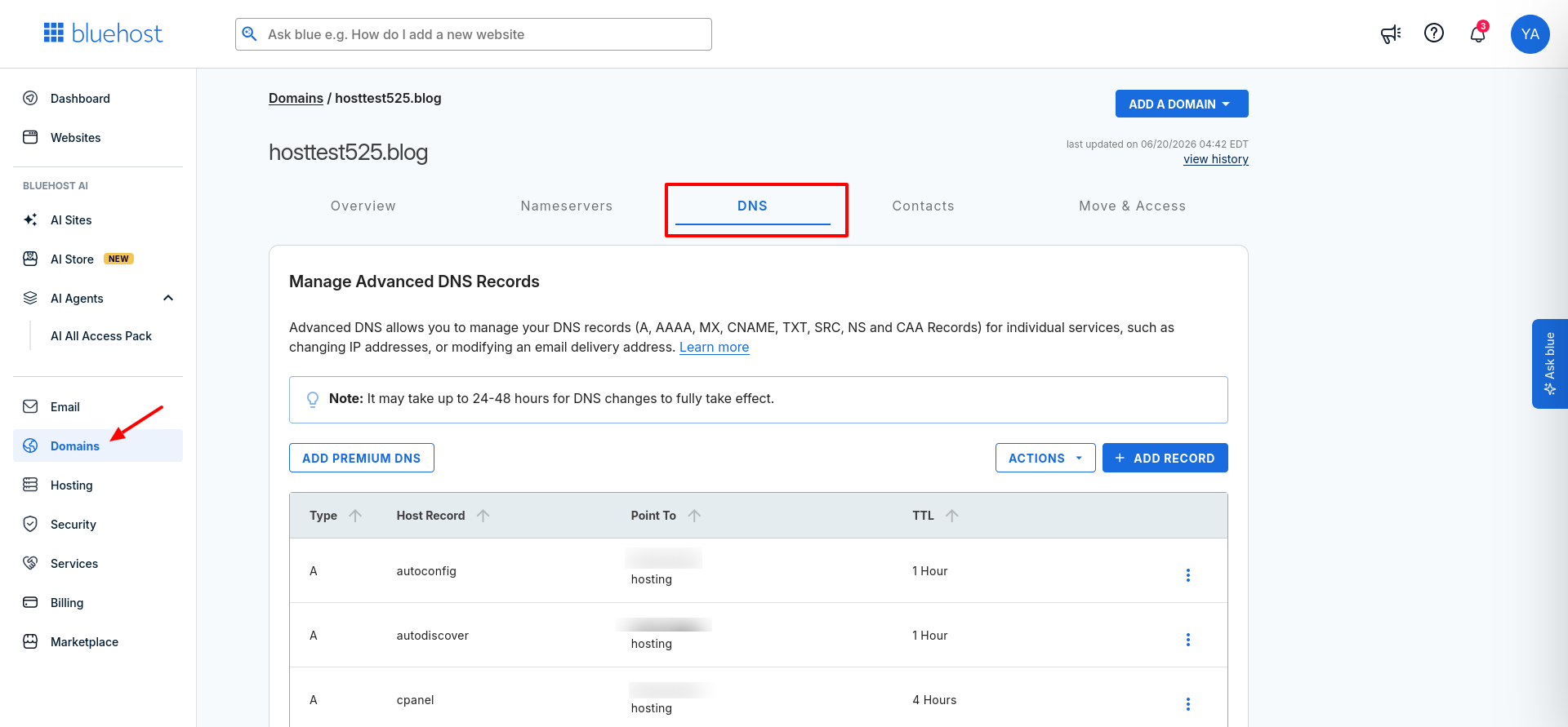Bluehost Account Manager DNS tab for managing MX and other advanced DNS records