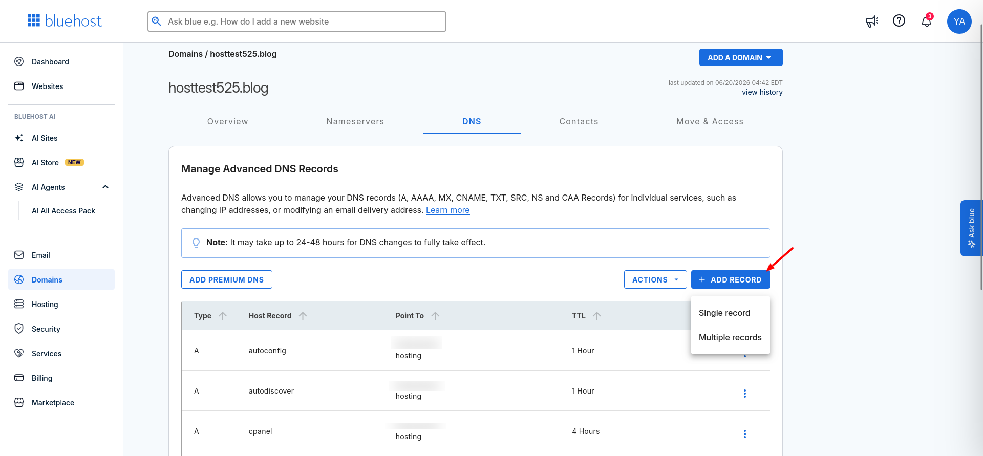 Bluehost DNS page showing the Add Record and Single record options