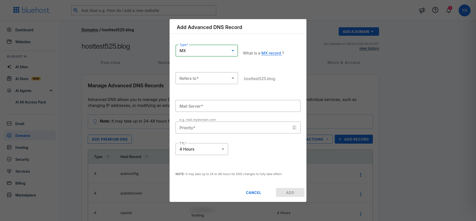 Bluehost Add DNS Record form with MX selected as the record type