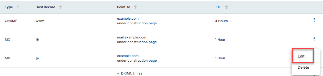 Bluehost DNS MX record menu showing the Edit option