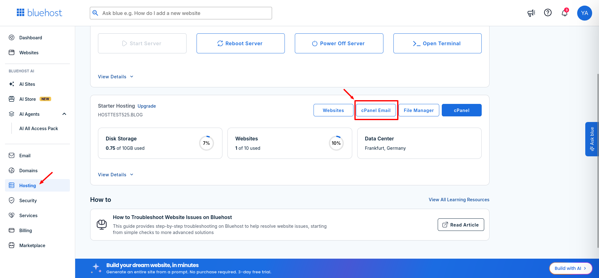 Bluehost Account Manager Hosting section showing access to cPanel Email tools