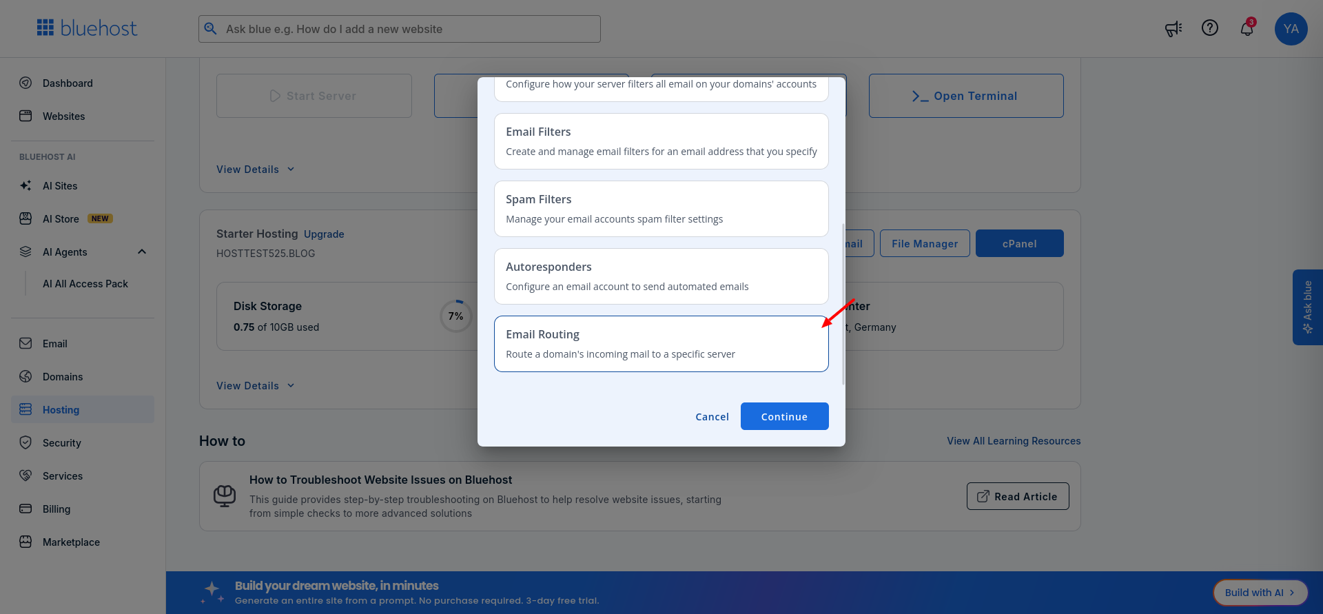Bluehost cPanel Email tools showing the Email Routing option