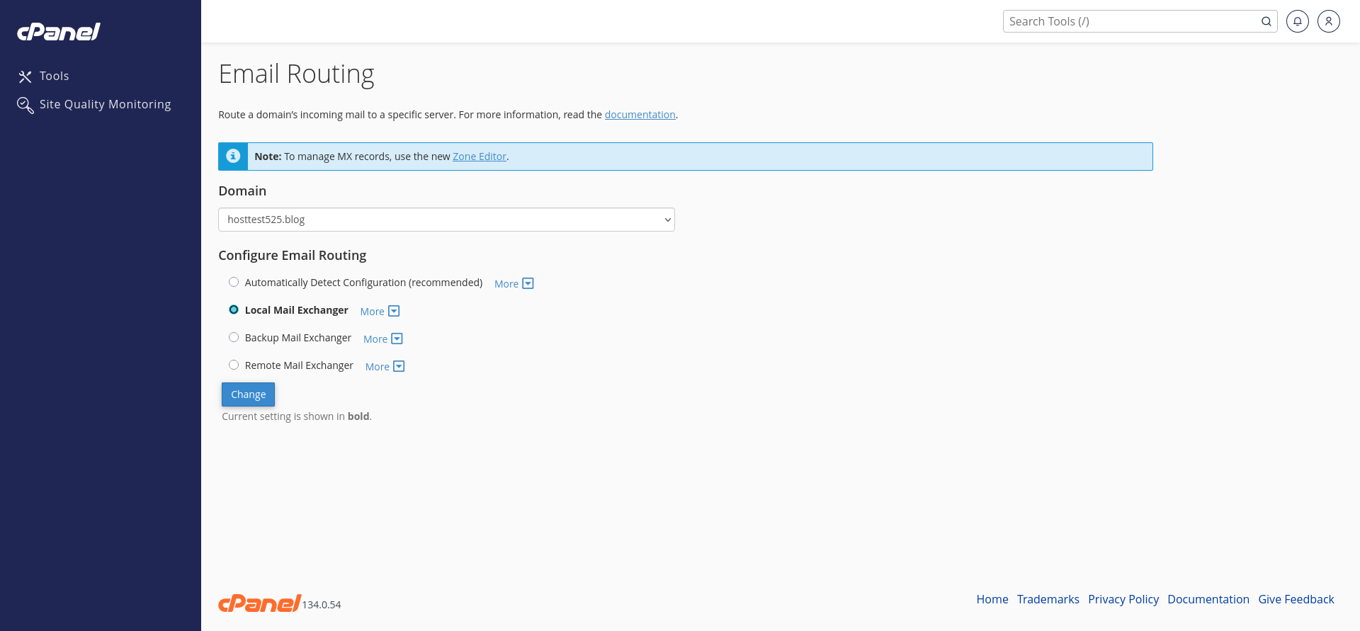 Bluehost Email Routing settings showing Local, Remote, and Automatically Detect mail exchanger options