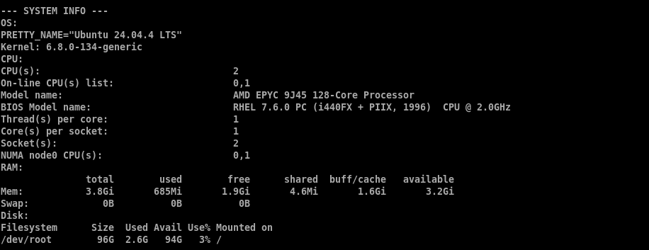 Terminal output showing system specs for the Bluehost NVMe 4 VPS, including CPU model, RAM, and disk size