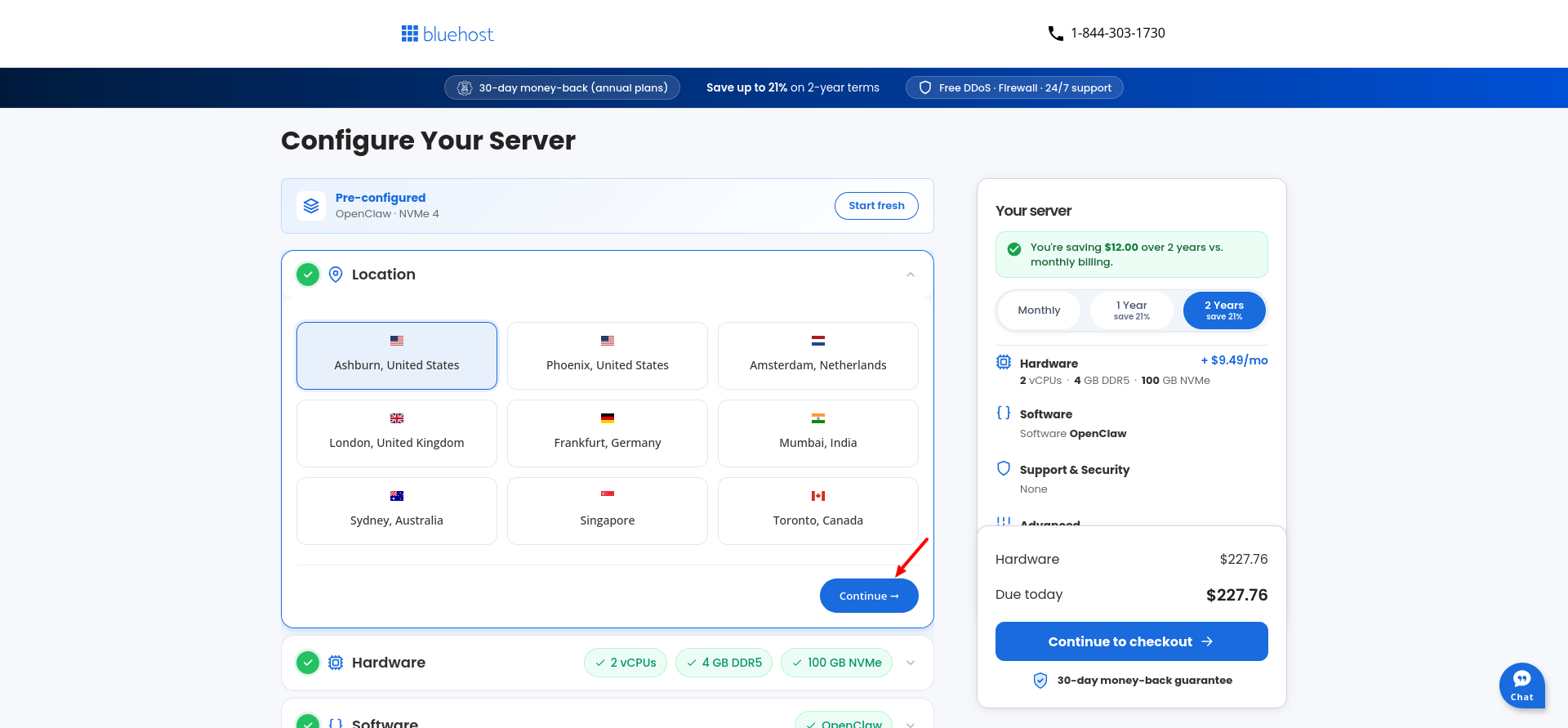 Bluehost OpenClaw VPS data center location selection with Ashburn selected