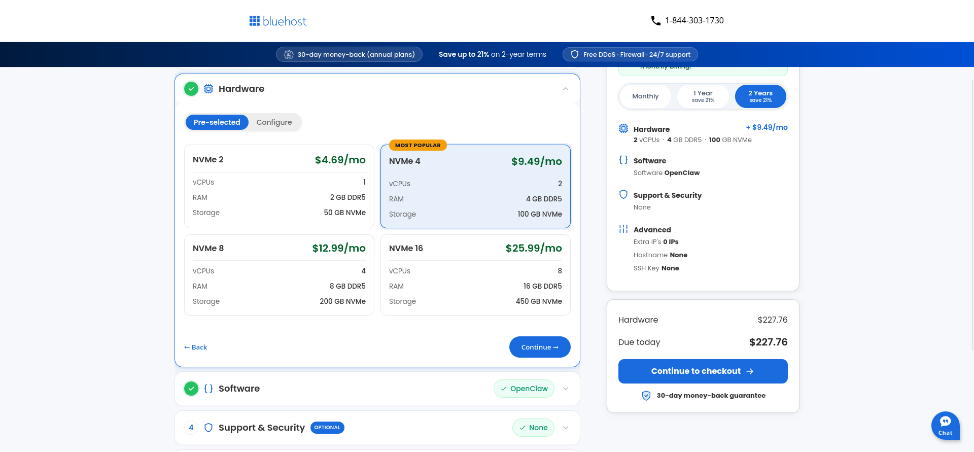 Bluehost OpenClaw VPS hardware configuration with NVMe 4 selected