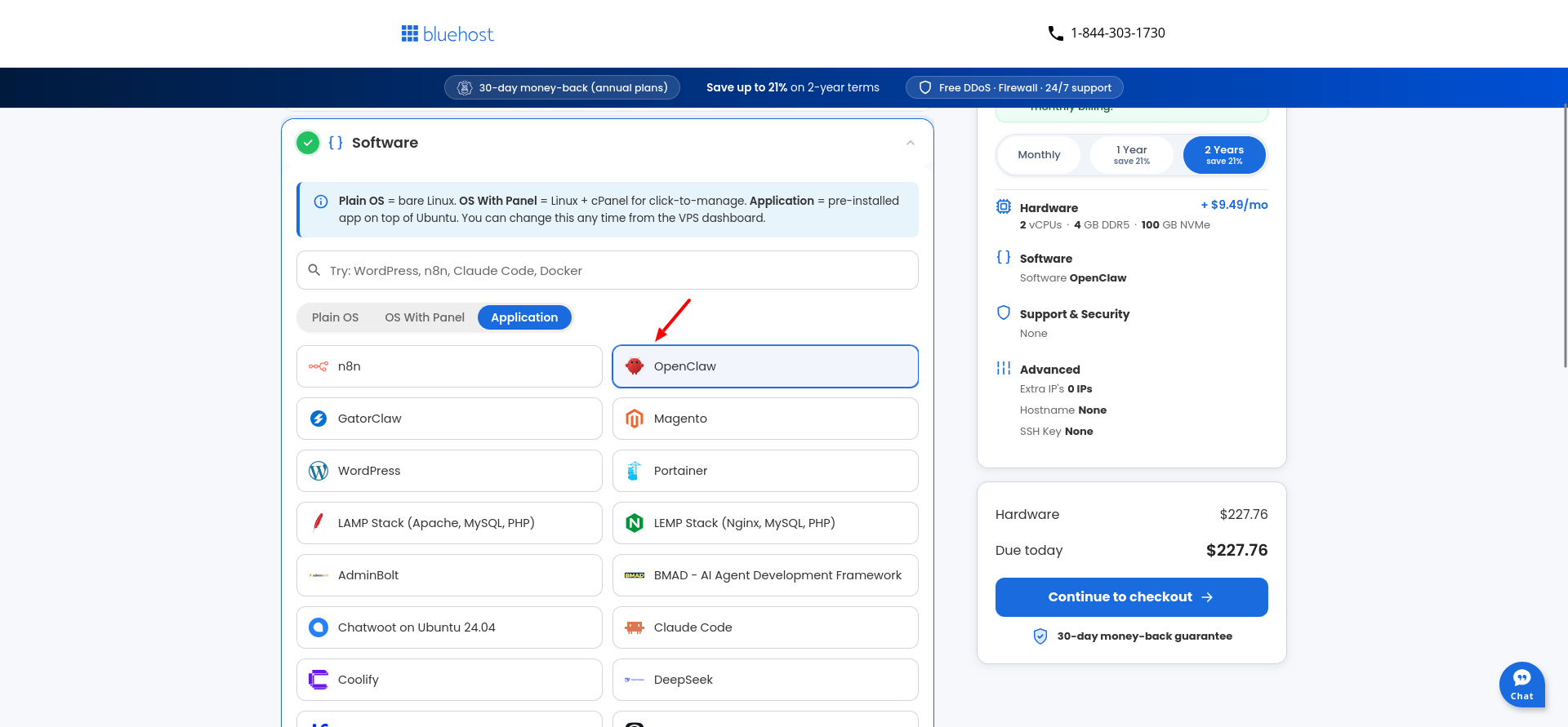 Bluehost VPS applications grid with OpenClaw pre-selected