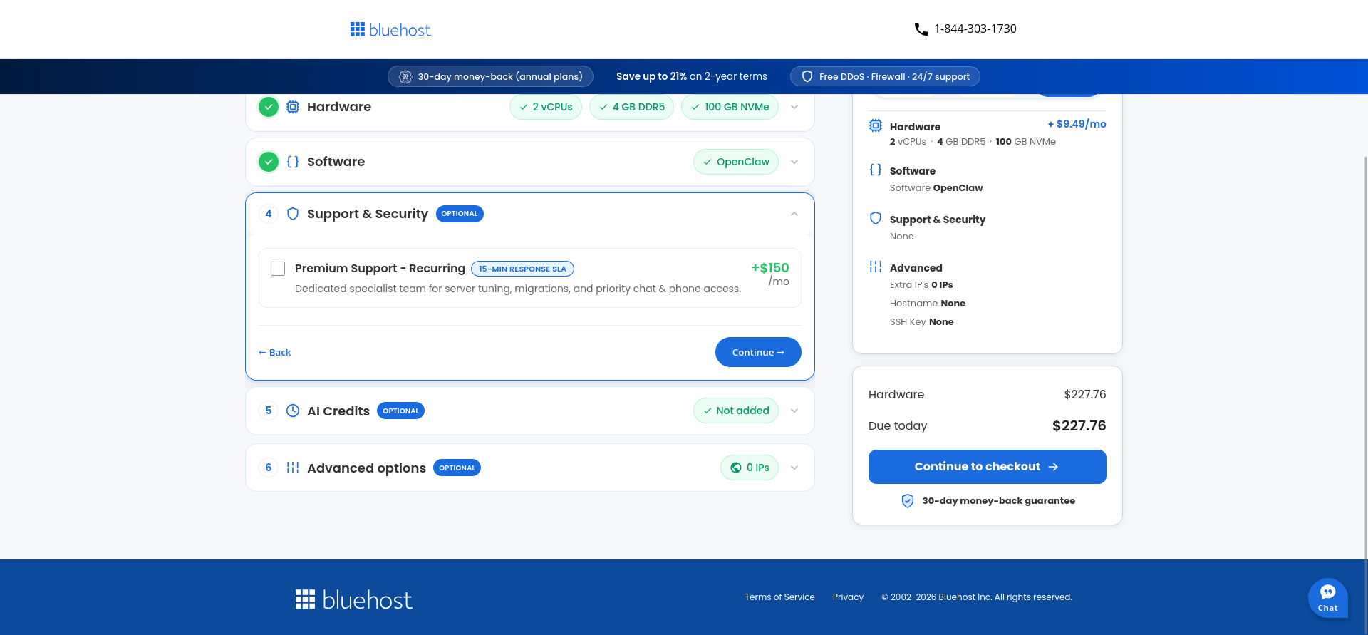 Bluehost OpenClaw VPS Premium Support option during configuration