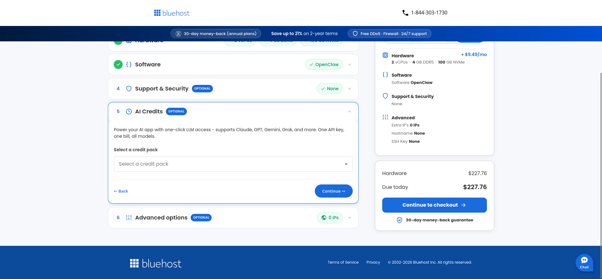 Bluehost OpenClaw VPS AI Credits and advanced configuration options