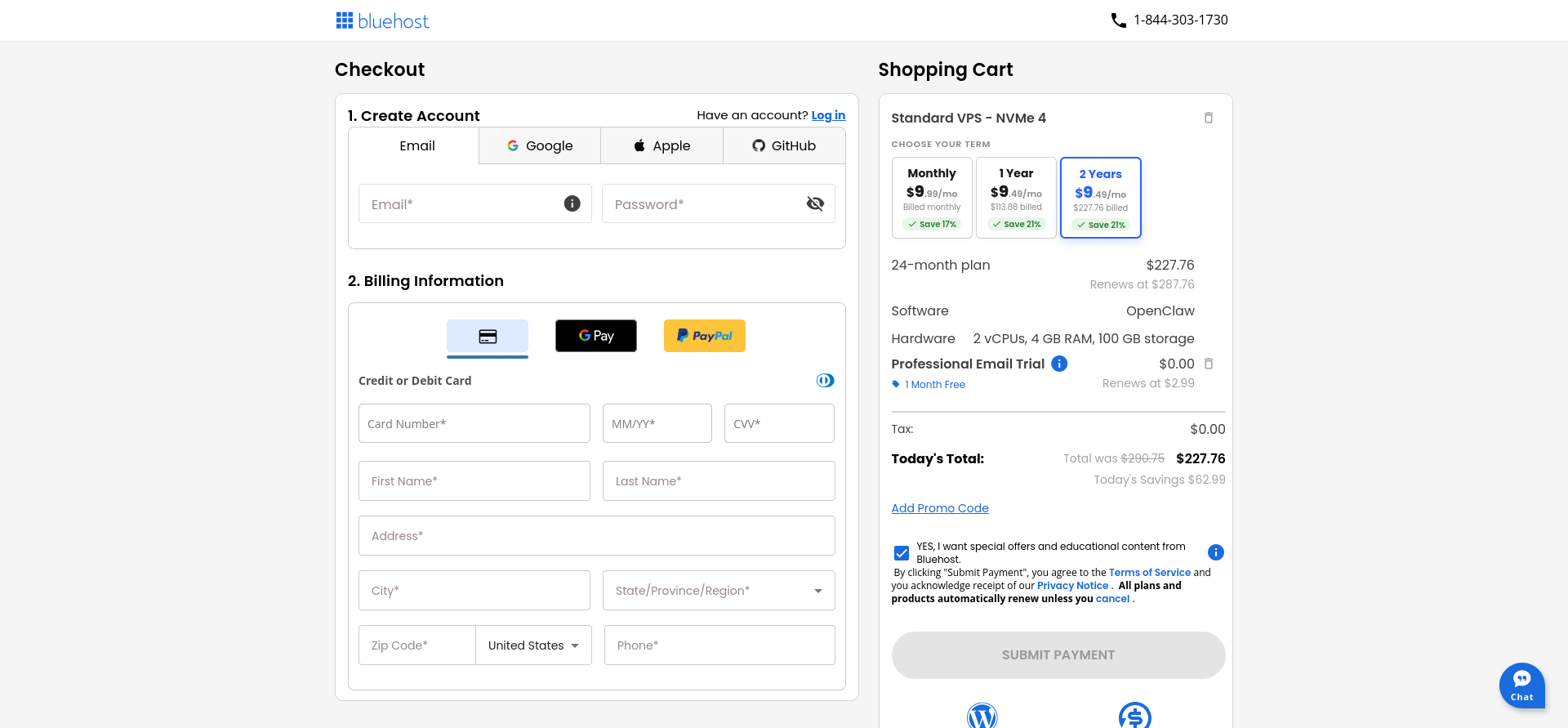 Bluehost OpenClaw VPS account creation and billing checkout