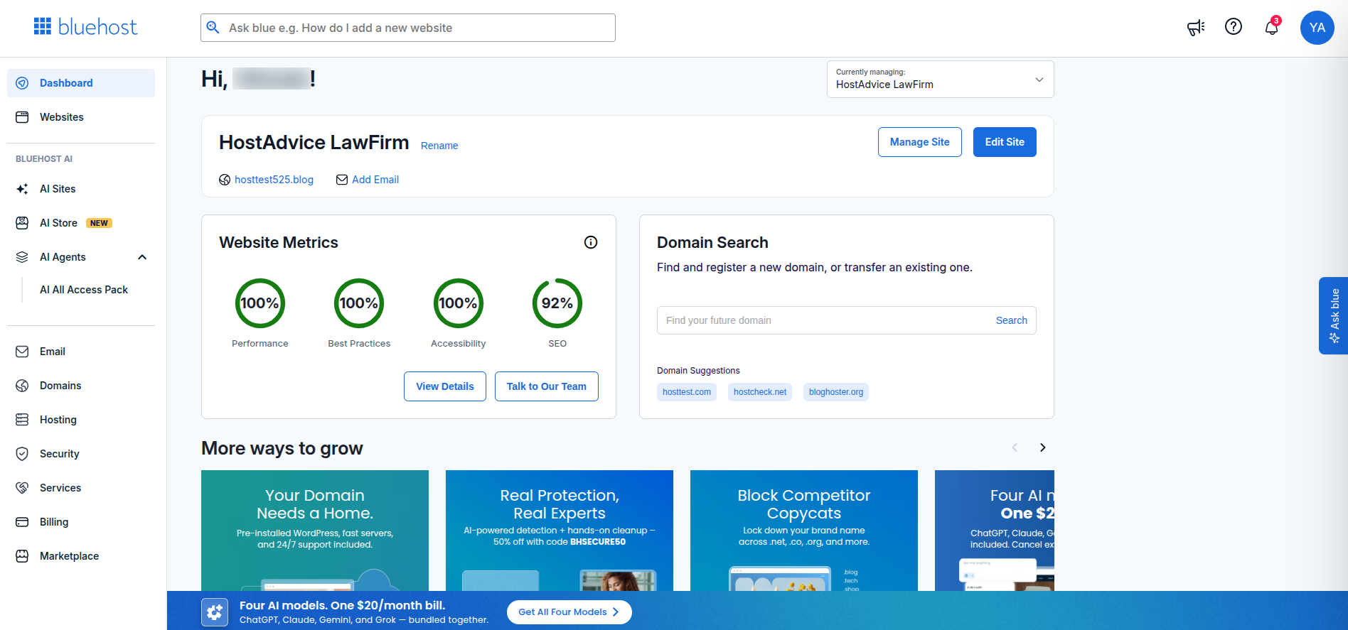 Bluehost Account Manager dashboard after purchasing OpenClaw VPS Hosting