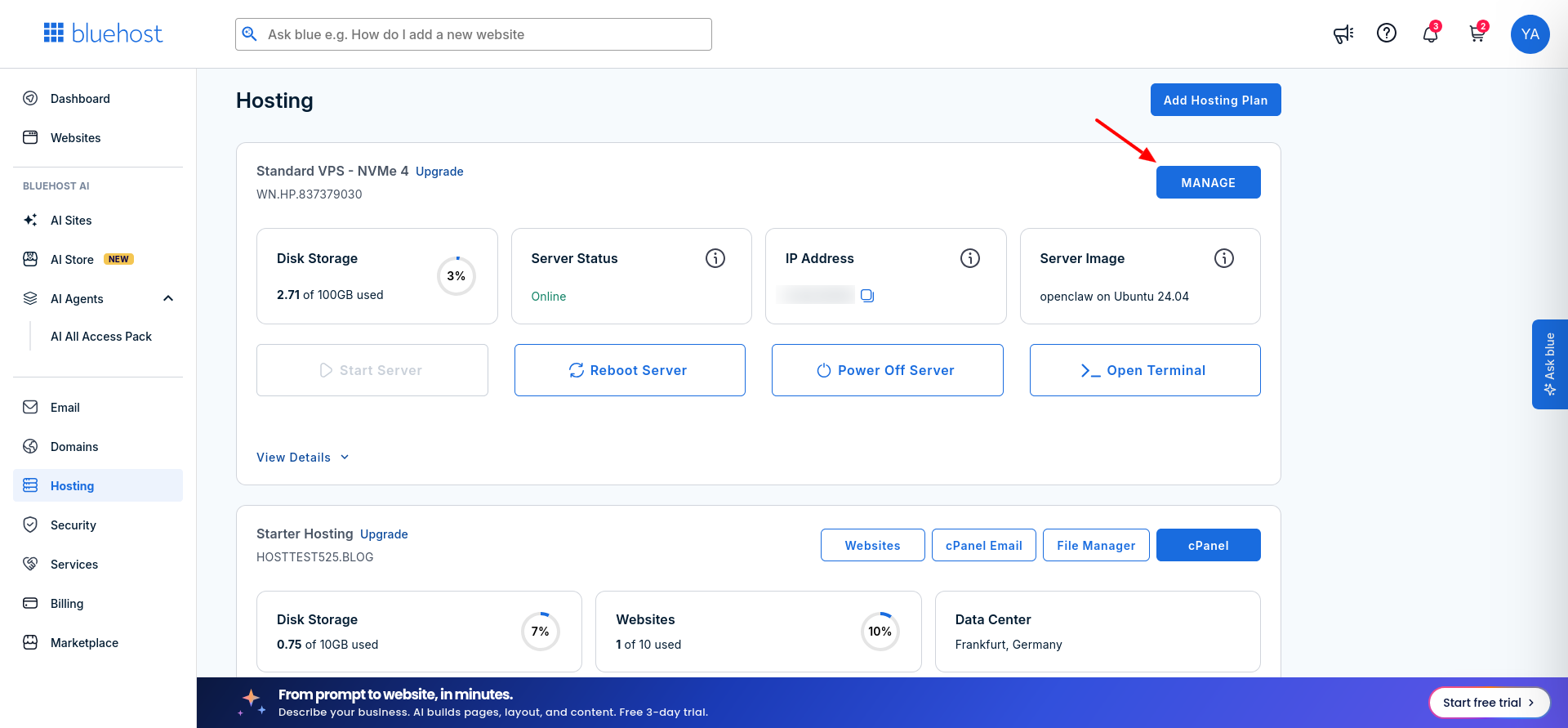 Bluehost OpenClaw VPS Overview page showing the OpenClaw Ubuntu server image