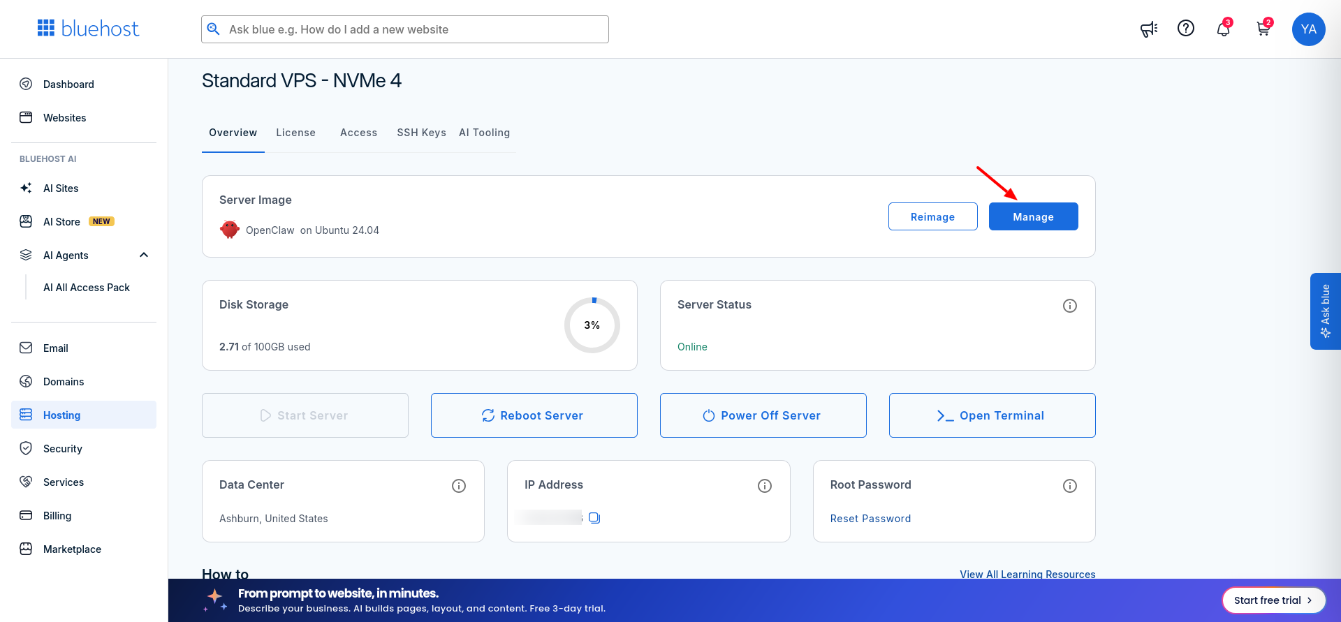 Bluehost OpenClaw VPS server status, data center, IP address, and root password controls