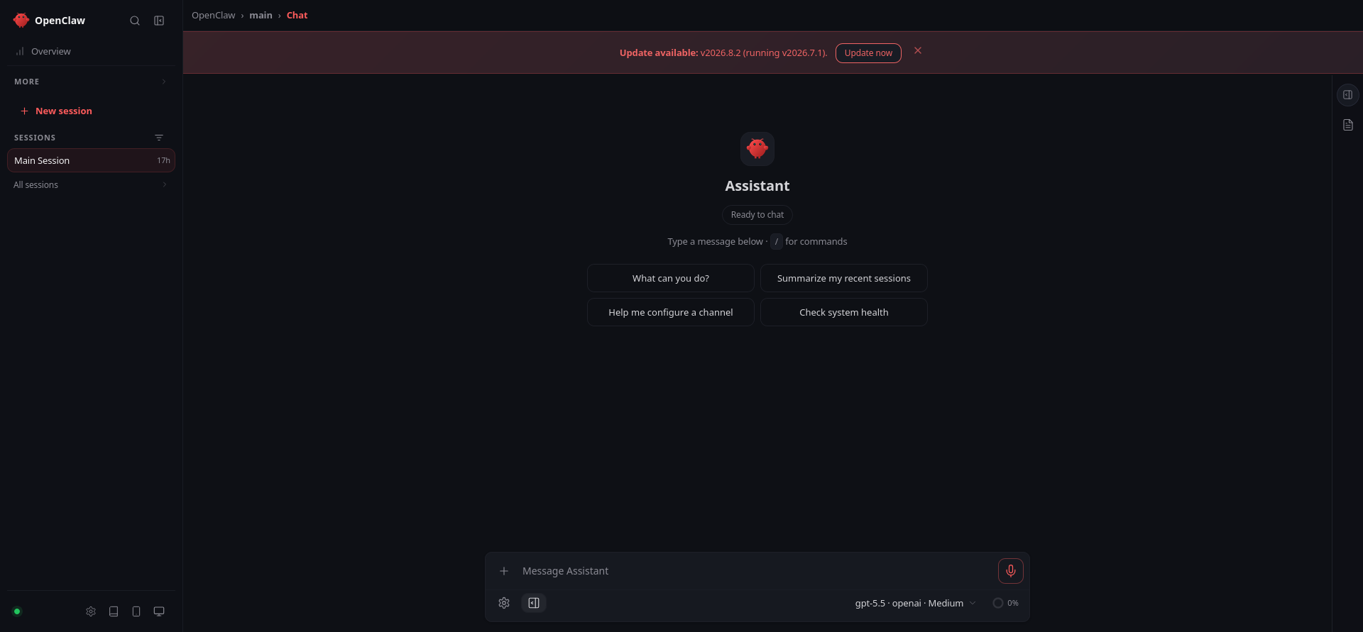 OpenClaw live assistant dashboard accessed from the Bluehost VPS Overview page