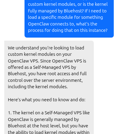 Bluehost support response explaining custom kernel module support on OpenClaw VPS