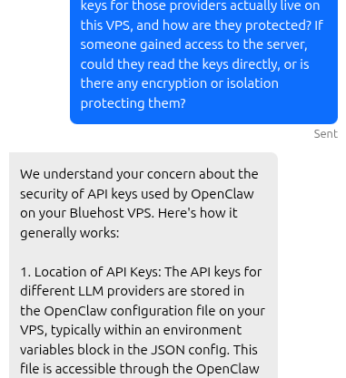 Bluehost support response explaining OpenClaw API key storage and security