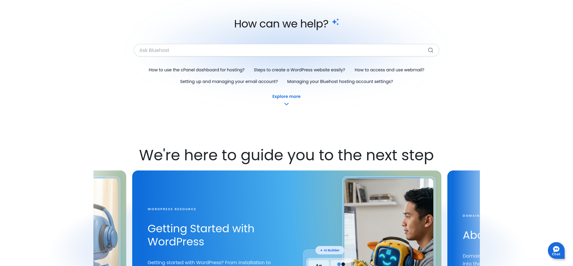 Bluehost Knowledge Base homepage showing OpenClaw articles under AI Products and Self-Managed VPS