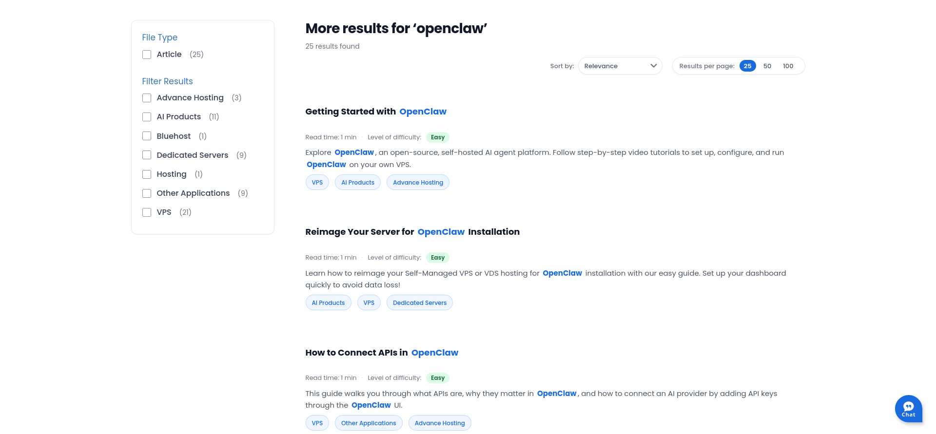 Bluehost Knowledge Base search results for OpenClaw