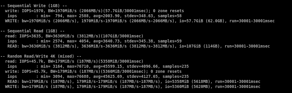 fio disk benchmark terminal output showing sequential and random 4K read and write results