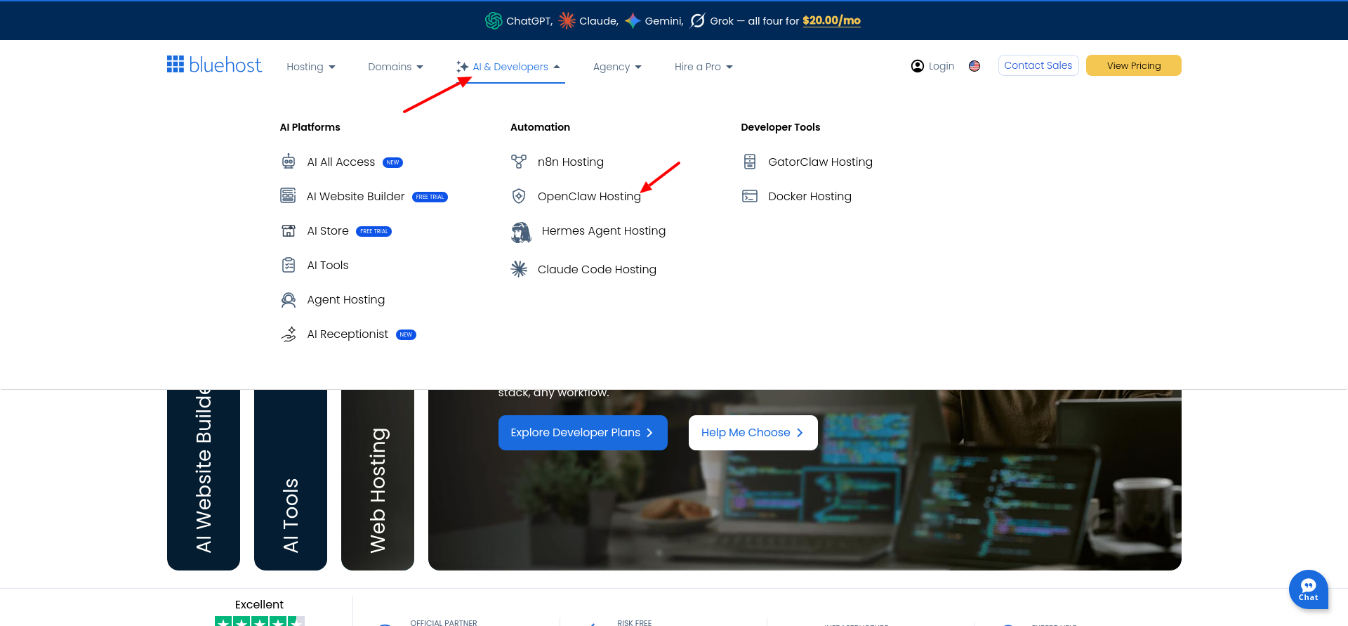 Bluehost AI and Developers menu showing OpenClaw Hosting