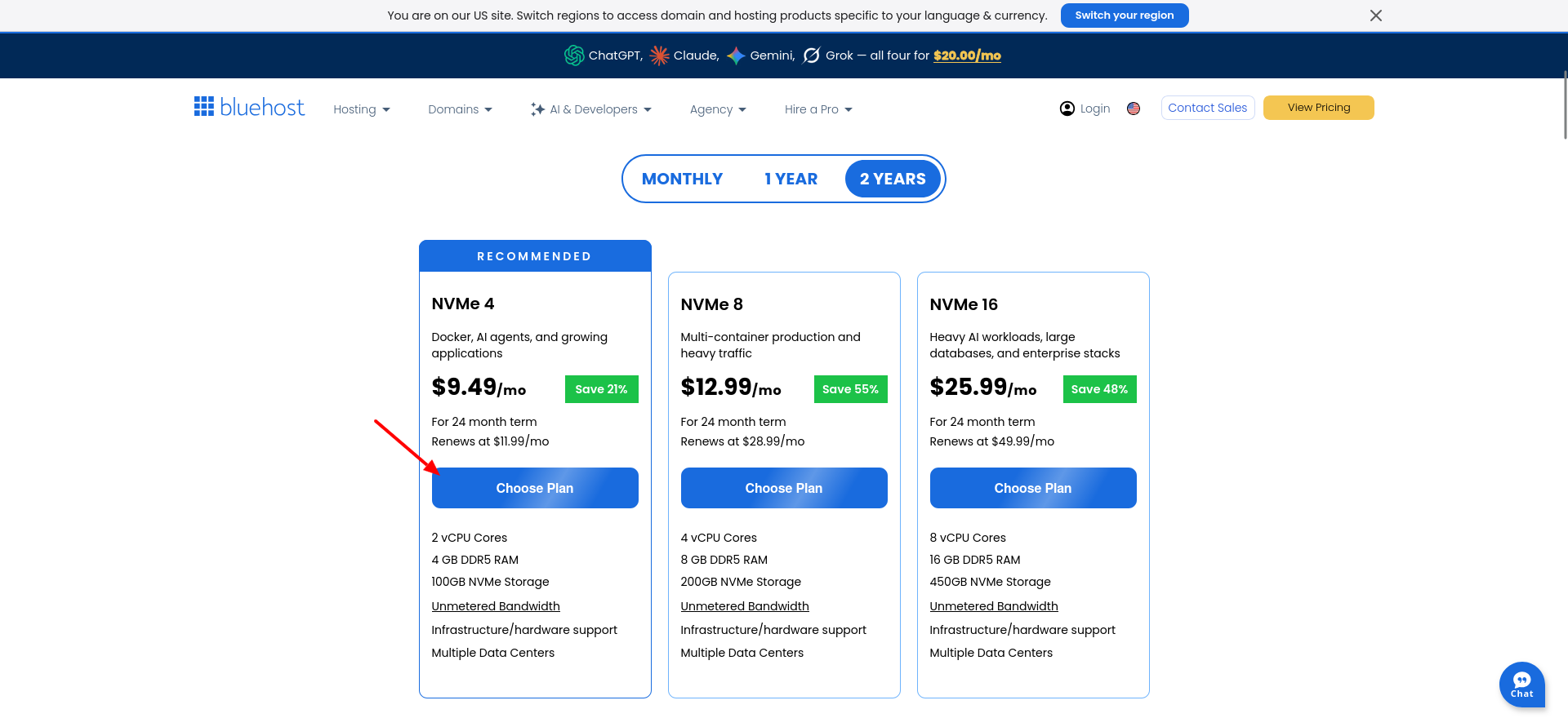 Bluehost OpenClaw VPS plan selection showing NVMe 4, NVMe 8, and NVMe 16