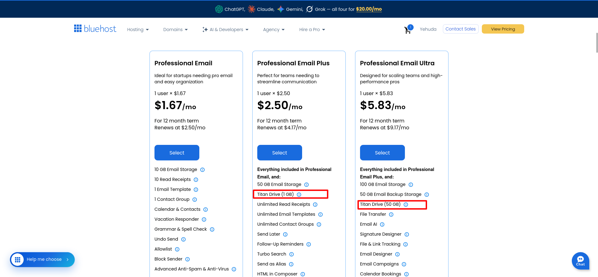 Bluehost Professional Email information confirming the service is powered by Titan