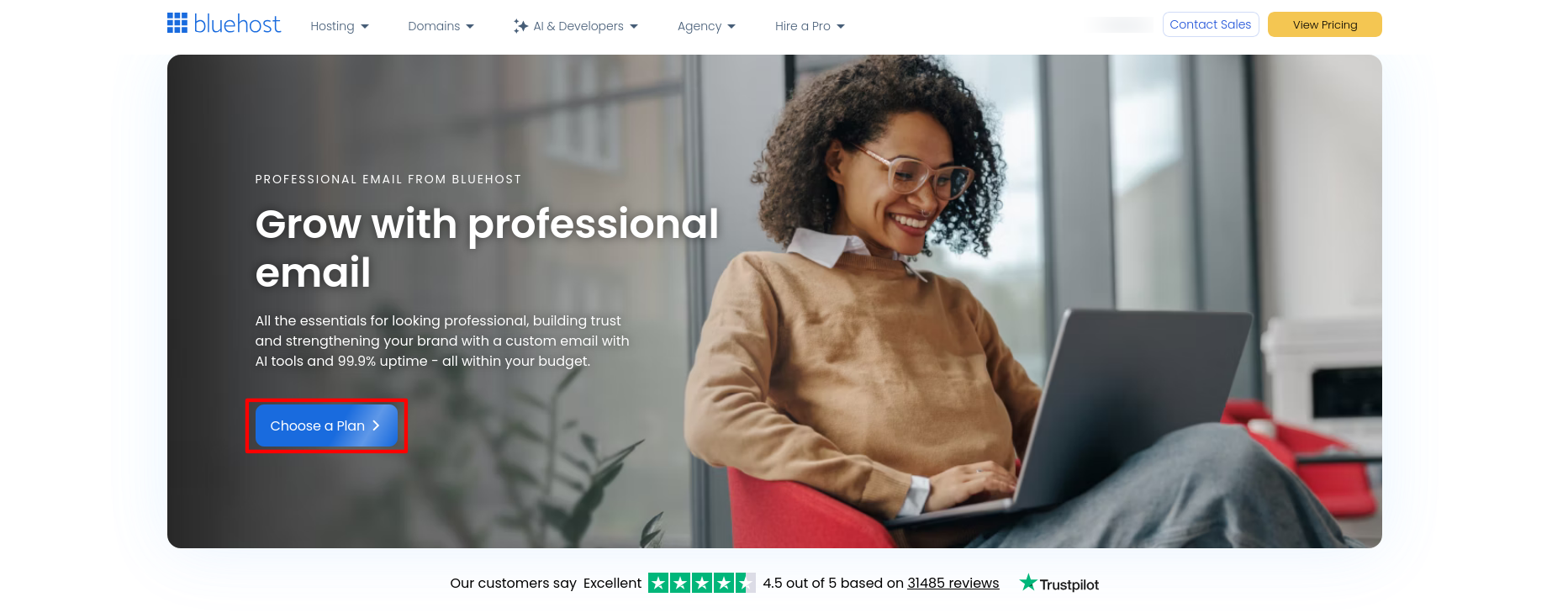 Bluehost Professional Email landing page showing the Choose a Plan option