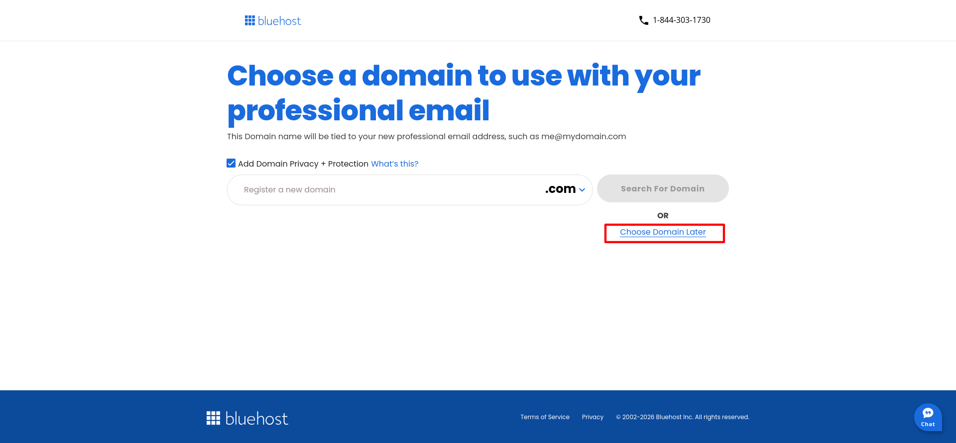 Bluehost Professional Email signup page for selecting a domain and Domain Privacy and Protection option
