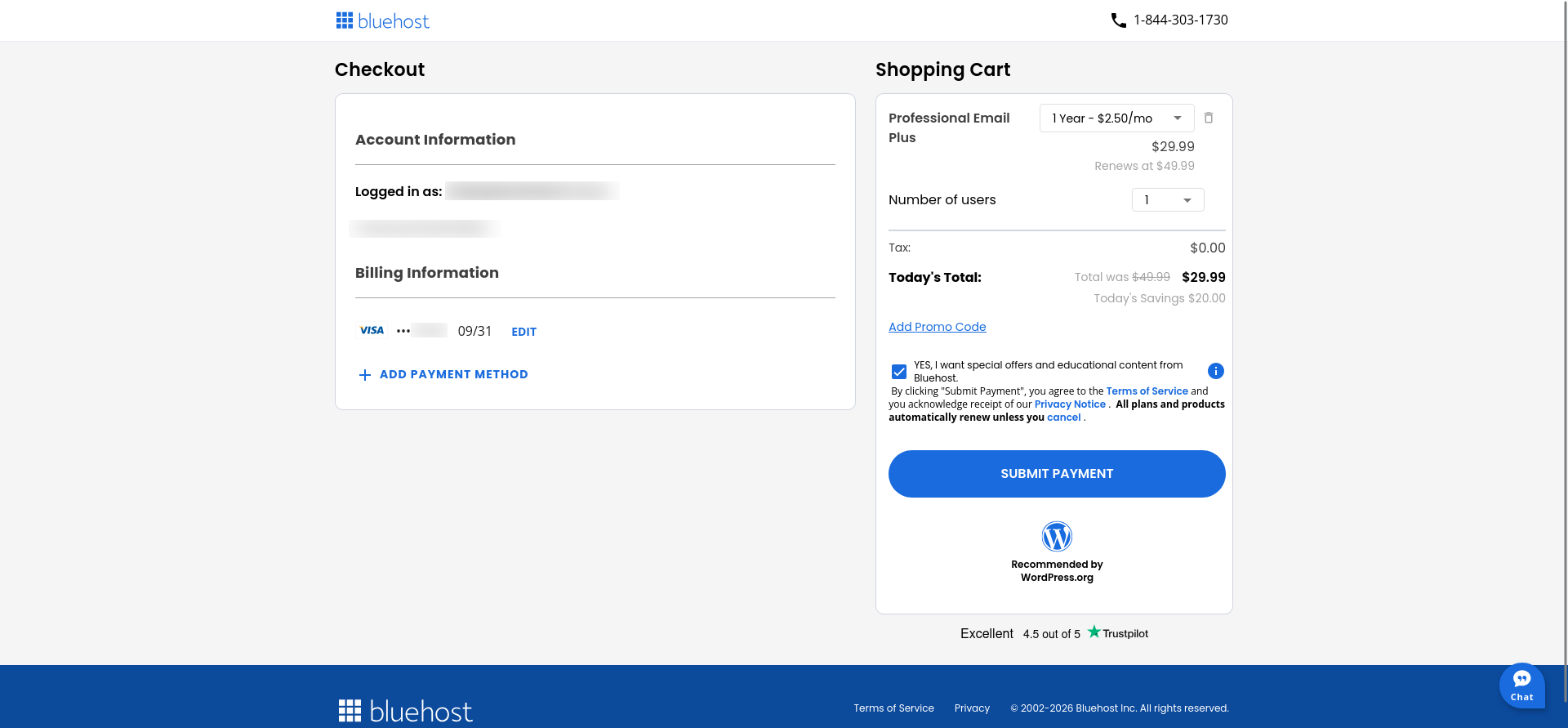 Bluehost Professional Email checkout page showing plan, billing term, user count, and payment details