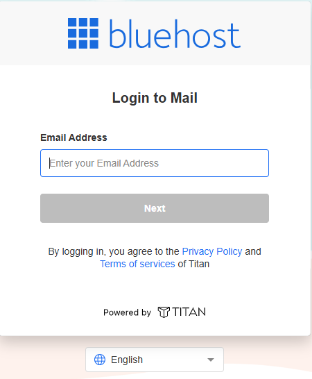 Bluehost Professional Email webmail login page for entering an email address and password