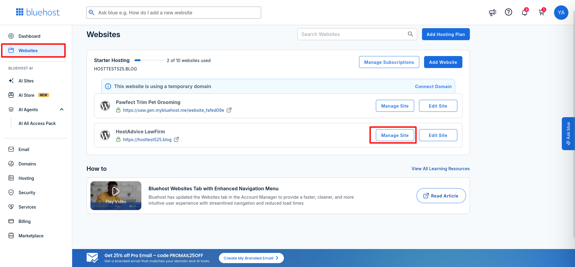 Bluehost Account Manager showing Websites and Manage Site options