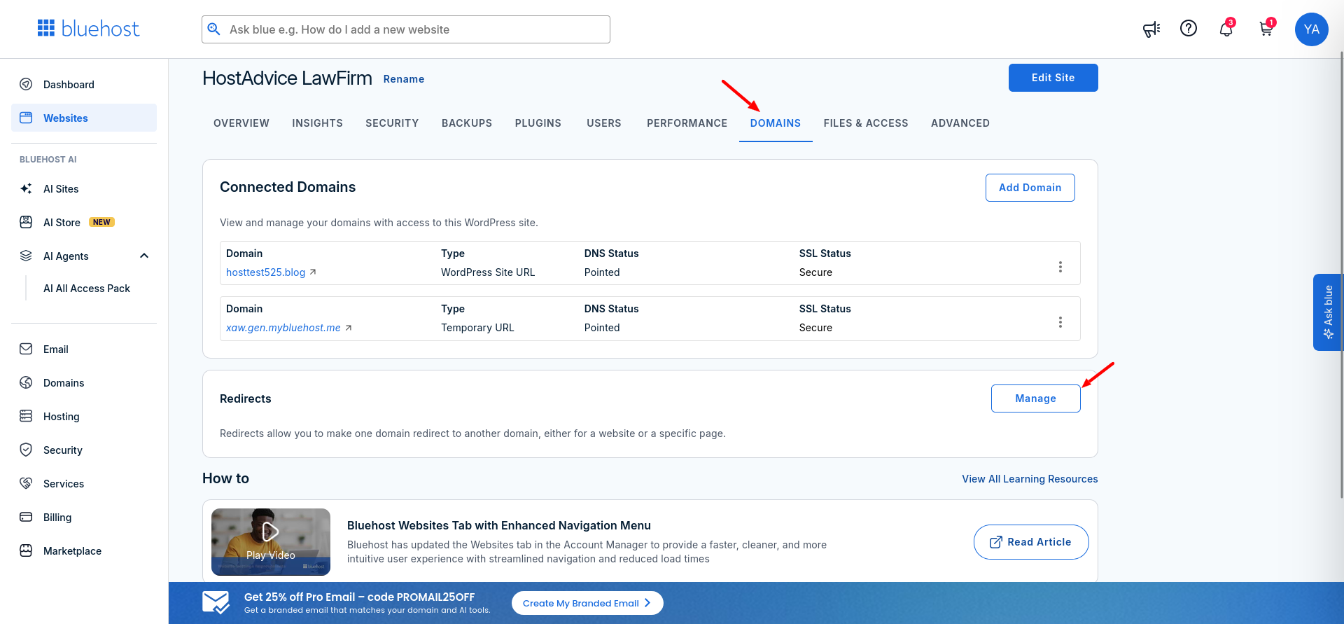 Bluehost Domains tab showing the Redirects panel and Manage option