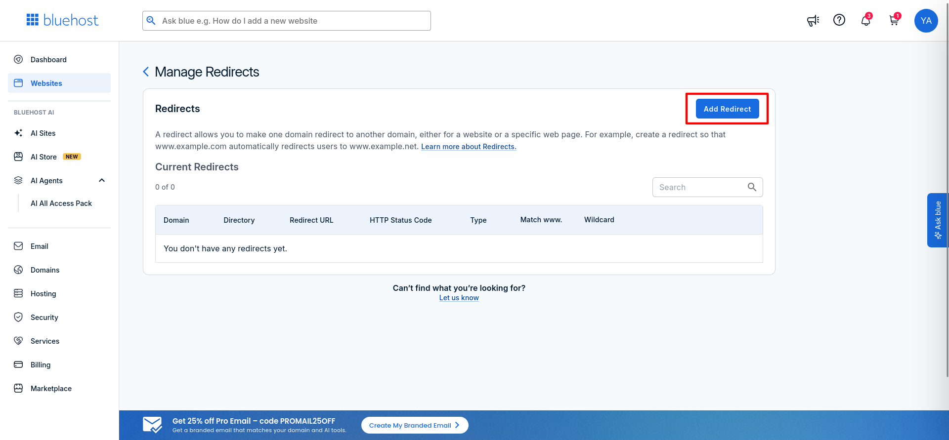 Bluehost Manage Redirects page showing the Add Redirect button