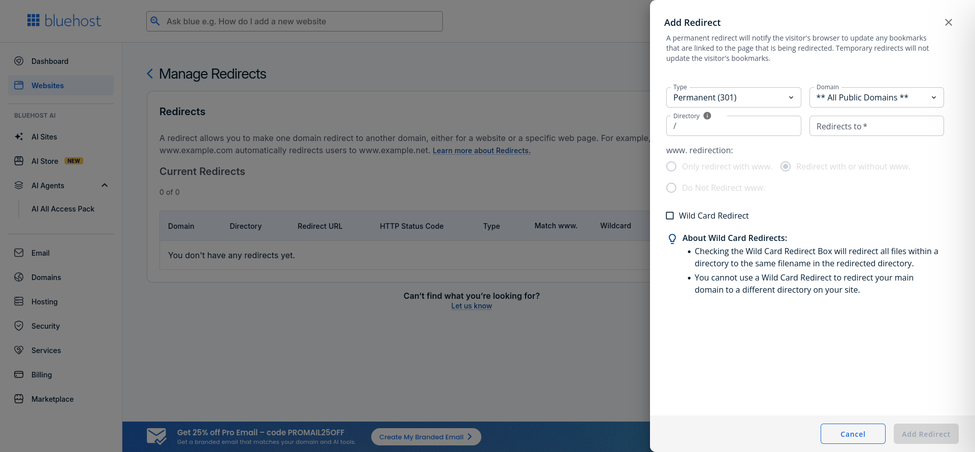 Bluehost redirect settings showing Permanent 301 and Temporary 302 redirect type options