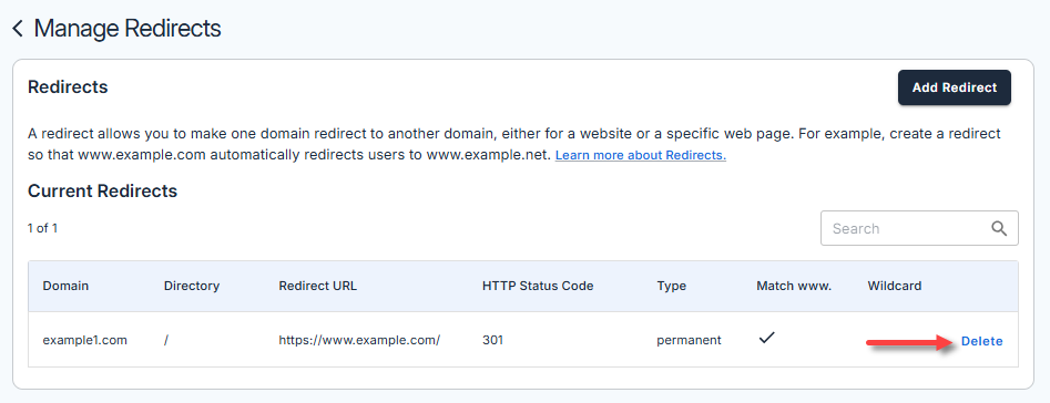 Bluehost Current Redirects table showing the Delete option for a domain redirect