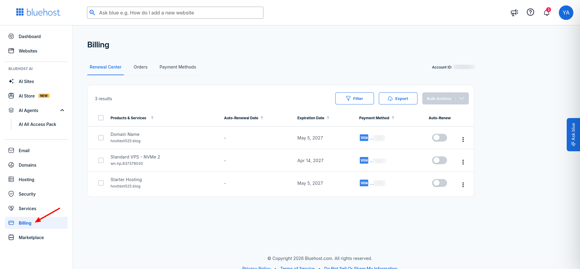 Bluehost Renewal Center showing active services, renewal dates, payment methods, and auto-renew settings