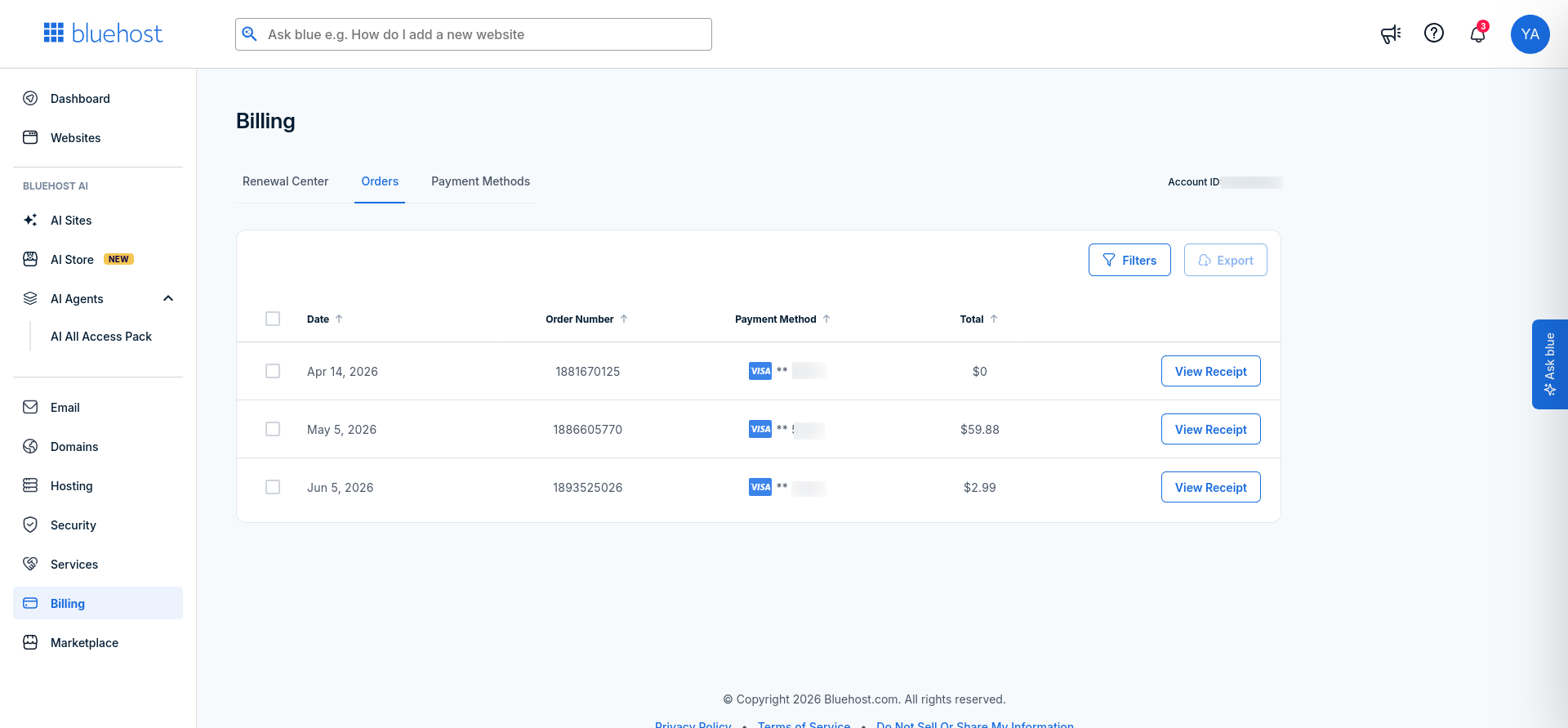 Bluehost Orders tab showing account billing history and previous charges