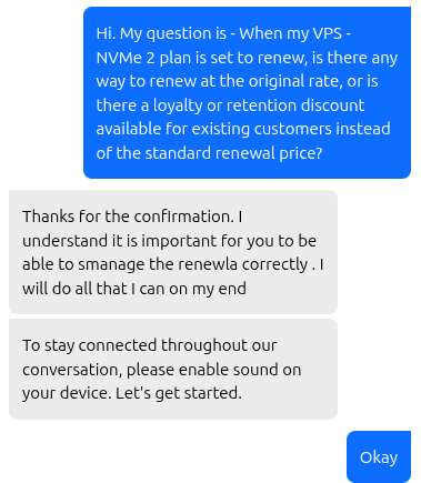 Bluehost live chat asking about a lower renewal price for the Standard VPS NVMe 2 plan