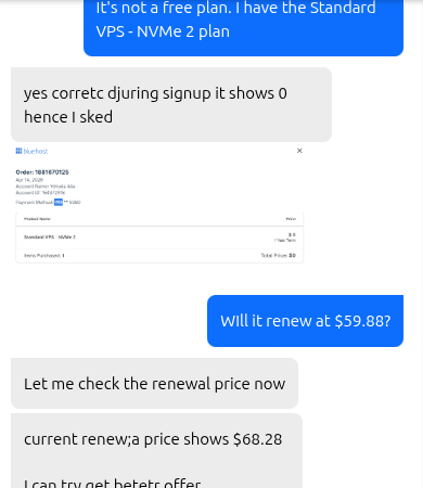Bluehost support chat discussing the Standard VPS NVMe 2 renewal plan